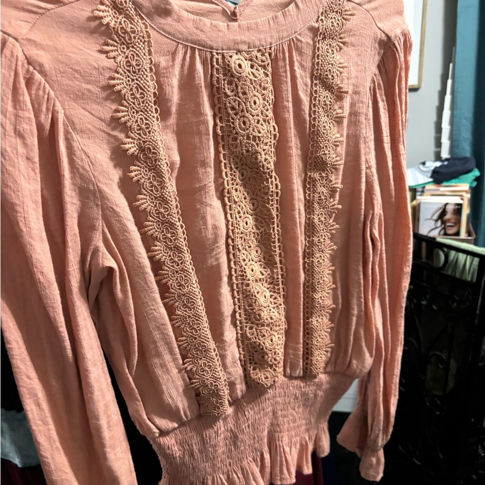 Elegant Lace Trim Pink Blouse